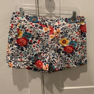 LOFT Floral Cotton Shorts in White with Red, Teal & Yellow Flowers
